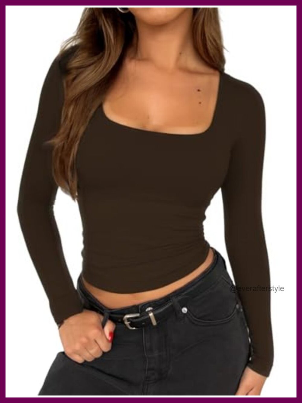 Square Neck Long Sleeve Double Lined Slim Fit Basic Tee Top
